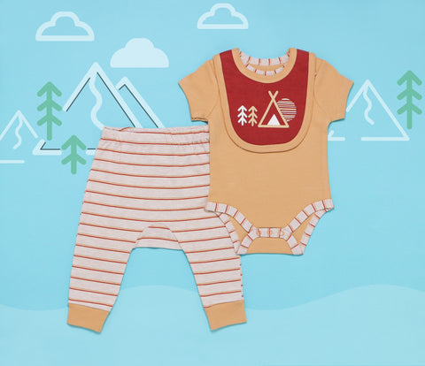 Baby Boy - Bodysuit, Pants & Bib (Happy Camper - Beige)