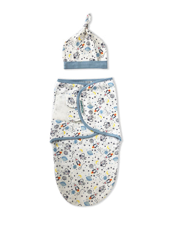 Muslin Swaddle Wrap Stage 1 - Space Explorer with Top Knot Cap