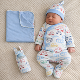 Newborn baby in car-themed outfit with matching blanket and toy 