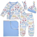 Baby clothing set with car pattern including onesie, pants, hat, and blanket.