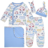 Baby clothing set with car pattern including onesie, pants, hat, and blanket.