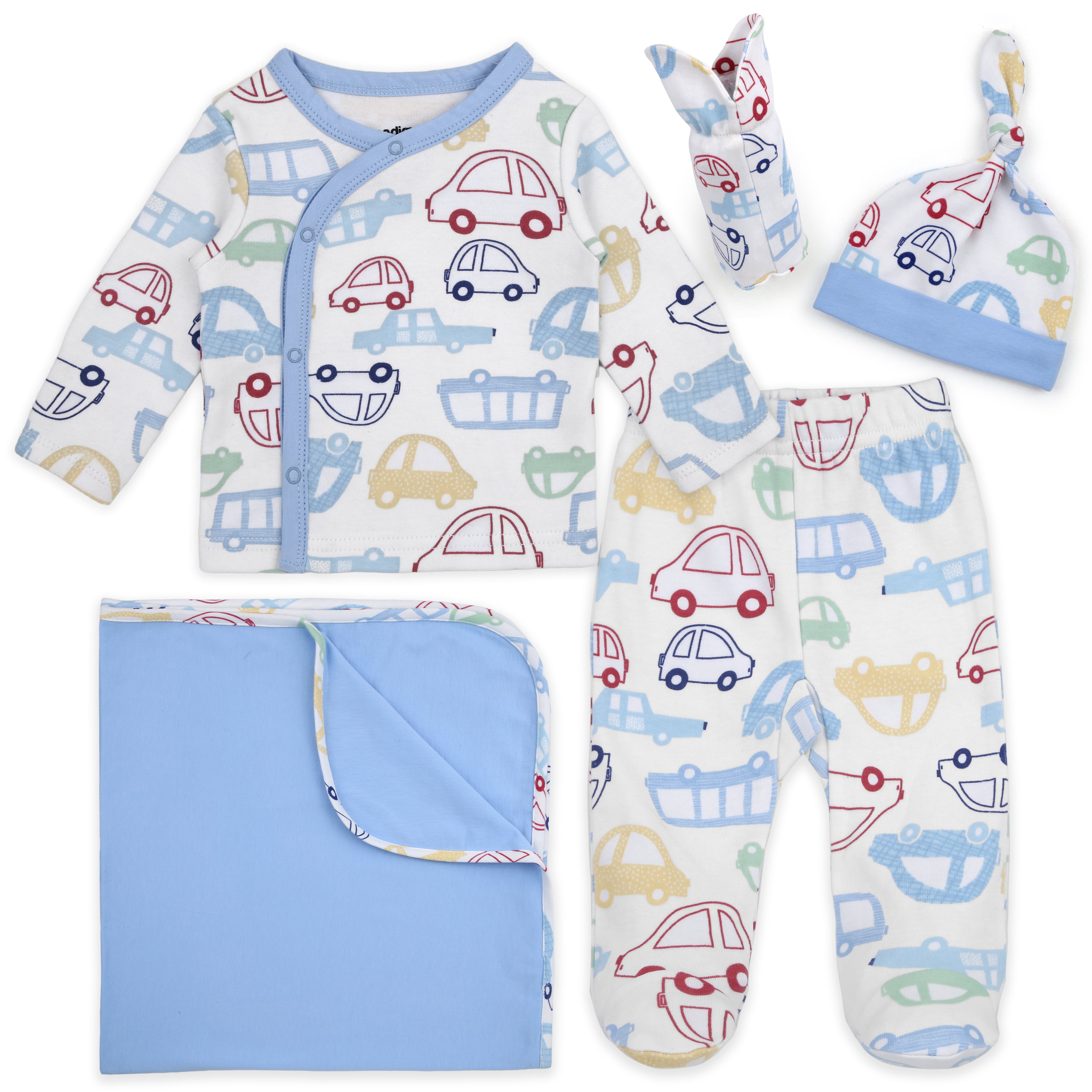 Baby clothing set with car pattern including onesie, pants, hat, and blanket.