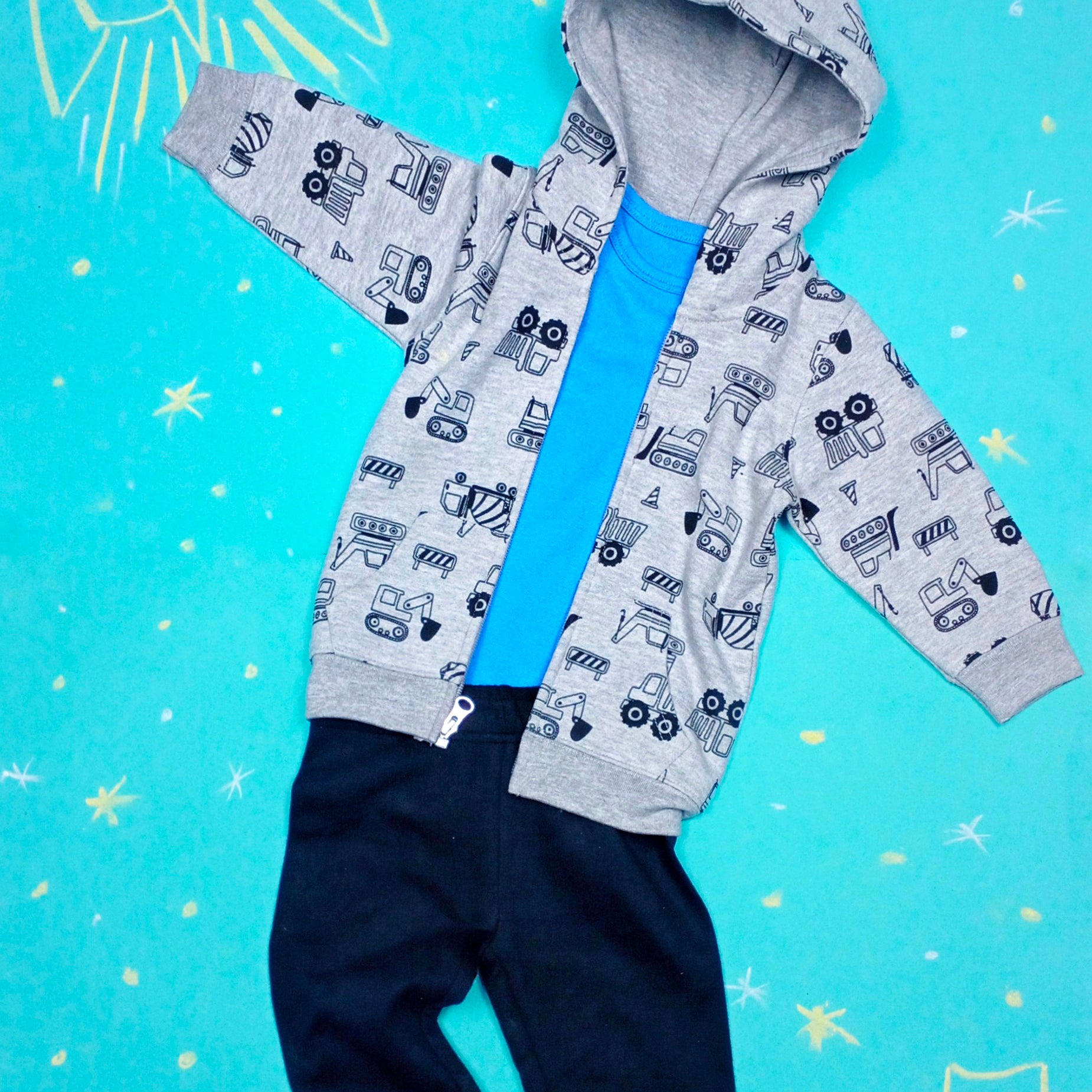 Truck Fleece Hoodie with Full Sleeved Onesie and FleecePants - Baby Boy