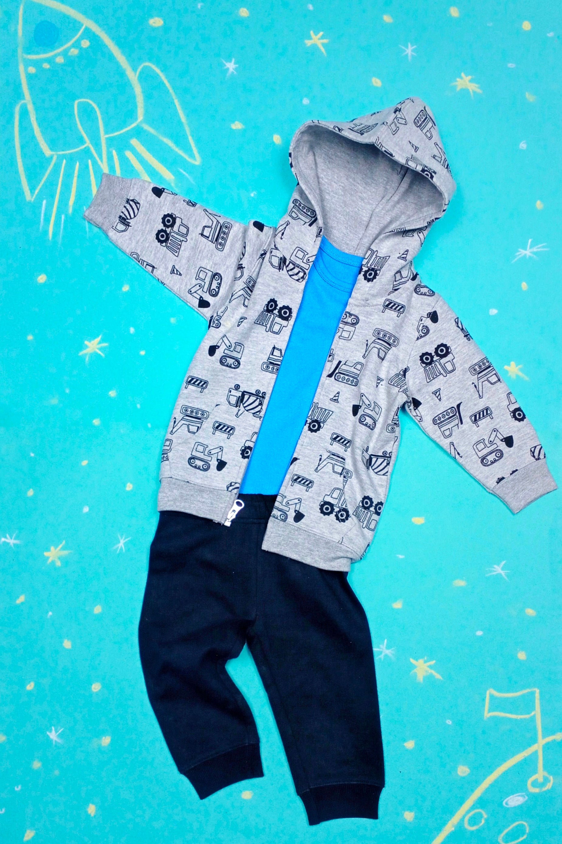 Truck Fleece Hoodie with Full Sleeved Onesie and FleecePants - Baby Boy